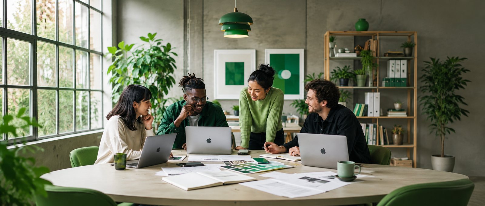The Onsite IT team collaborating on Apple devices in a green-toned office