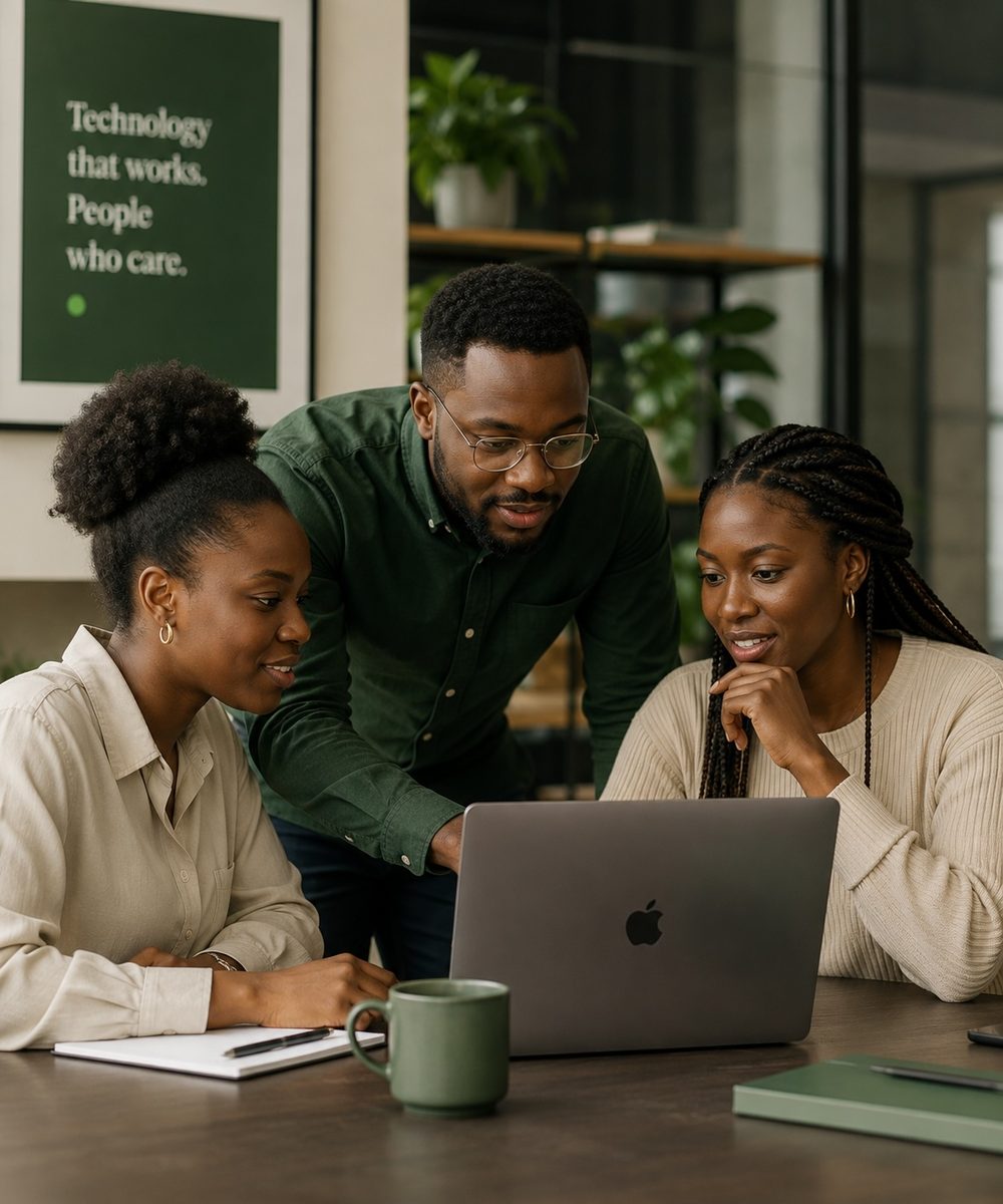 A diverse African team collaborating around a MacBook