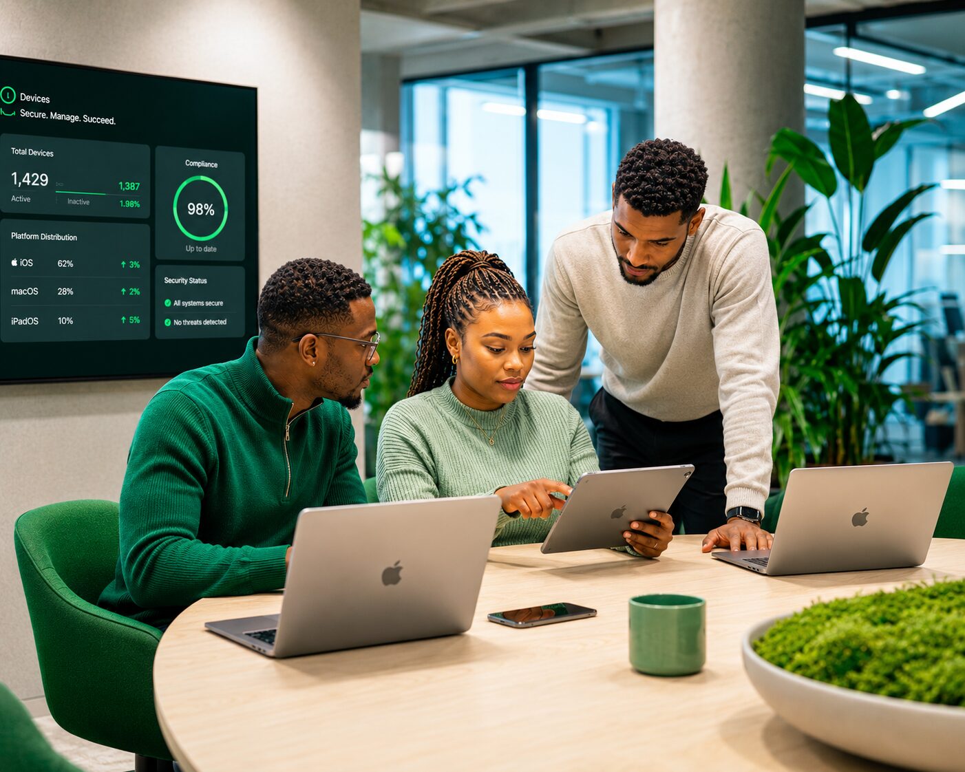 A partner team working together around MacBooks with a device dashboard on the wall