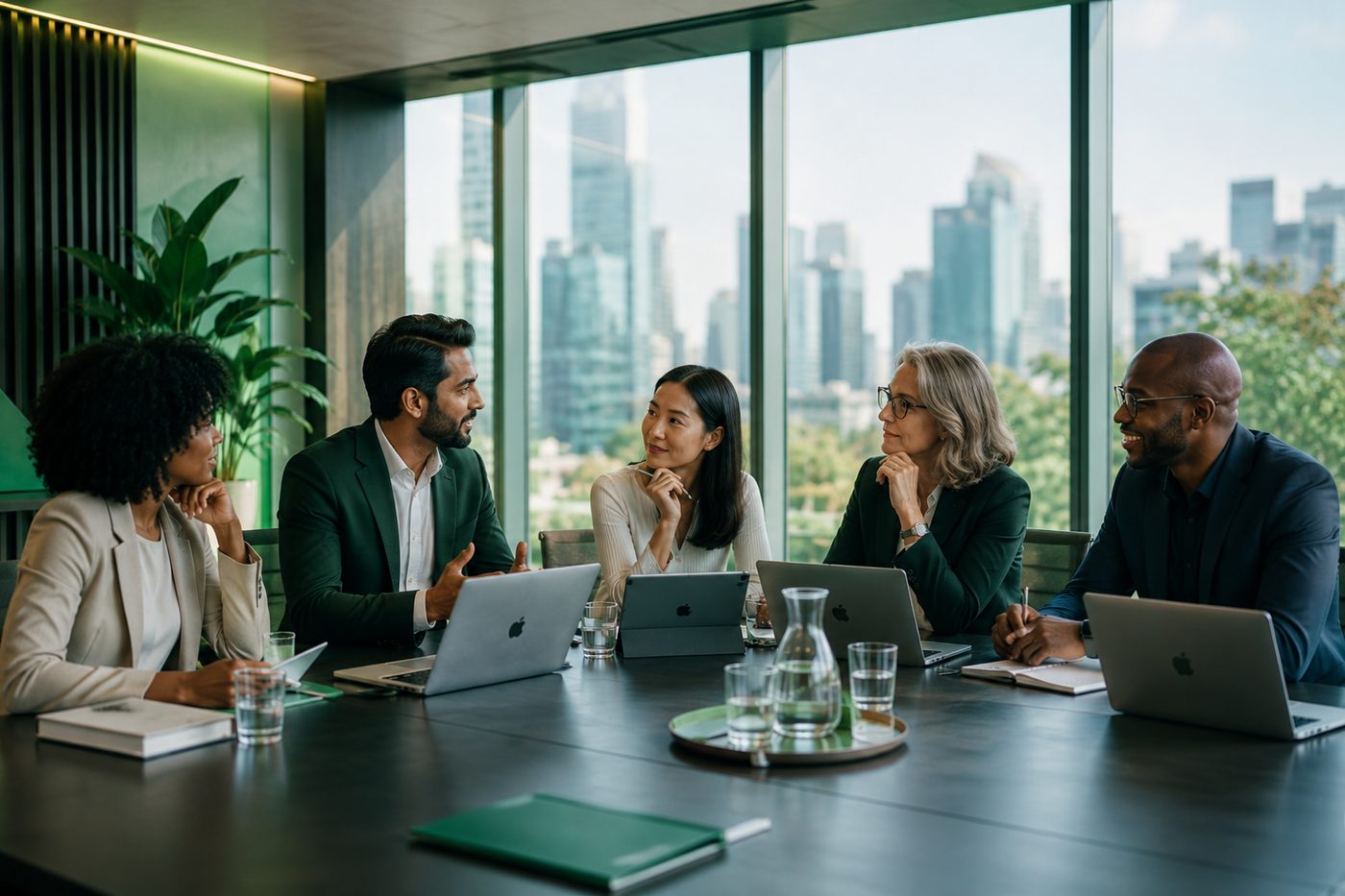 An executive team in discussion around MacBooks in a green-toned boardroom