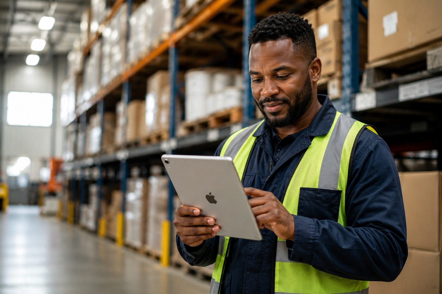 A warehouse worker checking stock on a managed iPad
